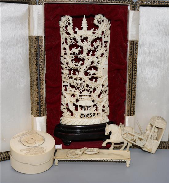 A Chinese ivory carving, Indian ivory horse and carriage group